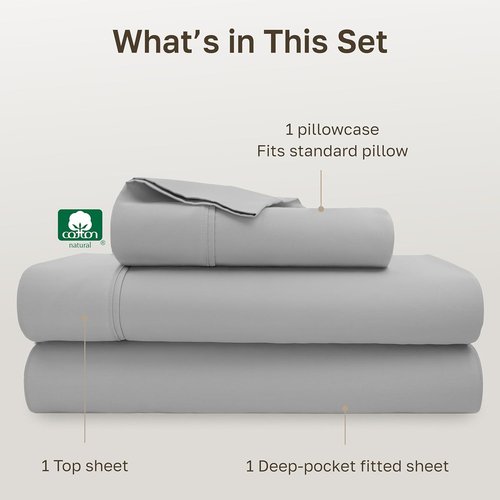 California Design Den Twin XL Cotton Sheets Set - 100% Soft Cotton, 400 Thread Count, Silky Smooth - Light Grey