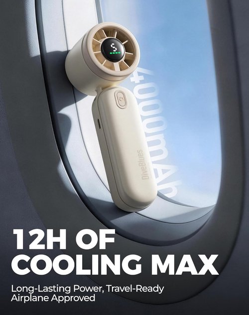 Diveblues Mini Portable Turbo Fan - 30ft/s Cooling Power | 12H Battery Life, 4000mAh, 3-in-1 Handheld/Neck/Desk Fan