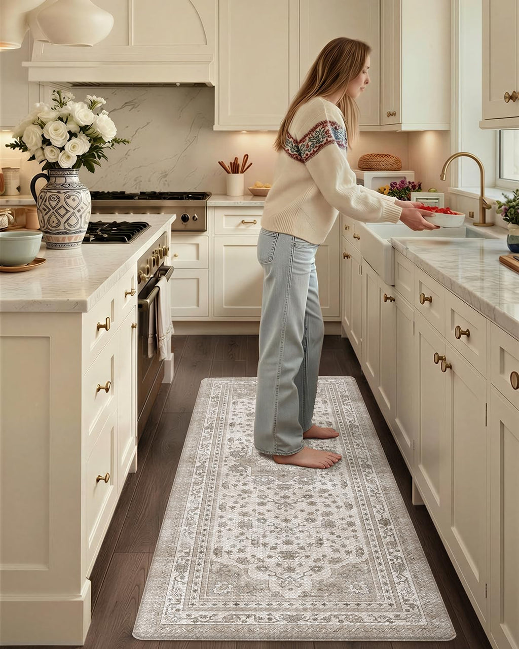 Color&Geometry Kitchen Floor Mats Anti Fatigue, Cushioned Boho Rugs,Waterproof Non Slip Kitchen Runner for Sink, Standing Mats for Office,24"x59",Beige