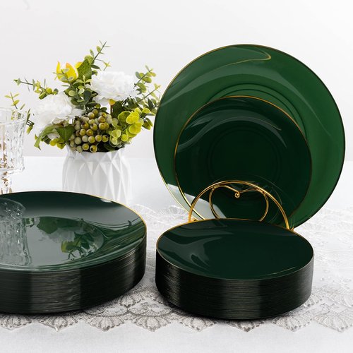Bestluck 100 PCS Green Gold Plastic Plates, 7 inch Green Disposable Plates for Party, Disposable Dessert Plates for Party, Graduation, Birthday, Wedding