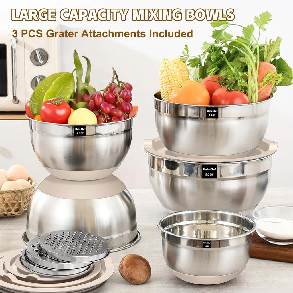 Umite Chef Mixing Bowls Set - 8PCS Stainless Steel Nesting Bowls with Airtight Lids & Grater | Non-Slip Bottoms, Khaki, 1.5QT to 5QT