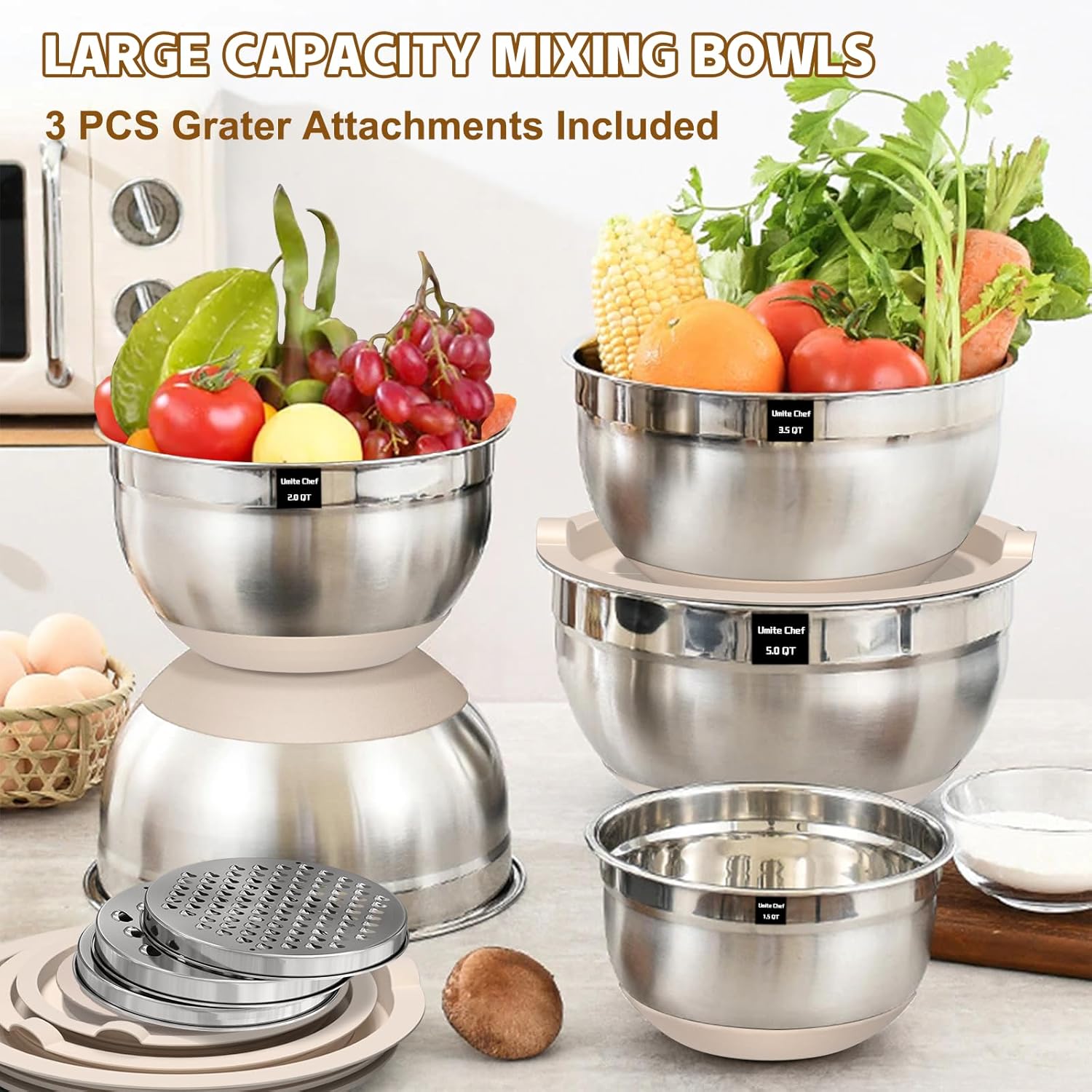 Umite Chef Mixing Bowls Set - 8PCS Stainless Steel Nesting Bowls with Airtight Lids & Grater | Non-Slip Bottoms, Khaki, 1.5QT to 5QT