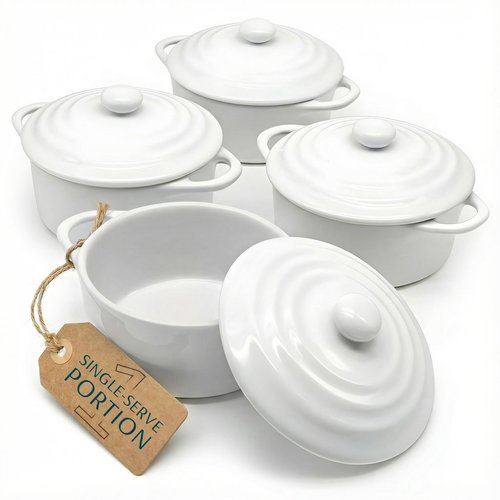 Kook Ceramic Mini Cocotte Set, Small Casserole Dishes with Lids and Handles, Individual Baking Ramekins, Oven safe 500F, Microwave & Dishwasher Safe, Stoneware, 12 oz, Set of 4, (Swiss White)