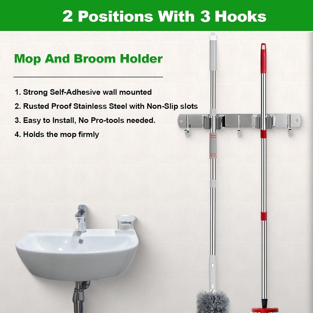 Voze Mop and Broom Holder - 2 Racks & 3 Hooks, Heavy-Duty Wall Mount Organizer for Kitchen & Garage