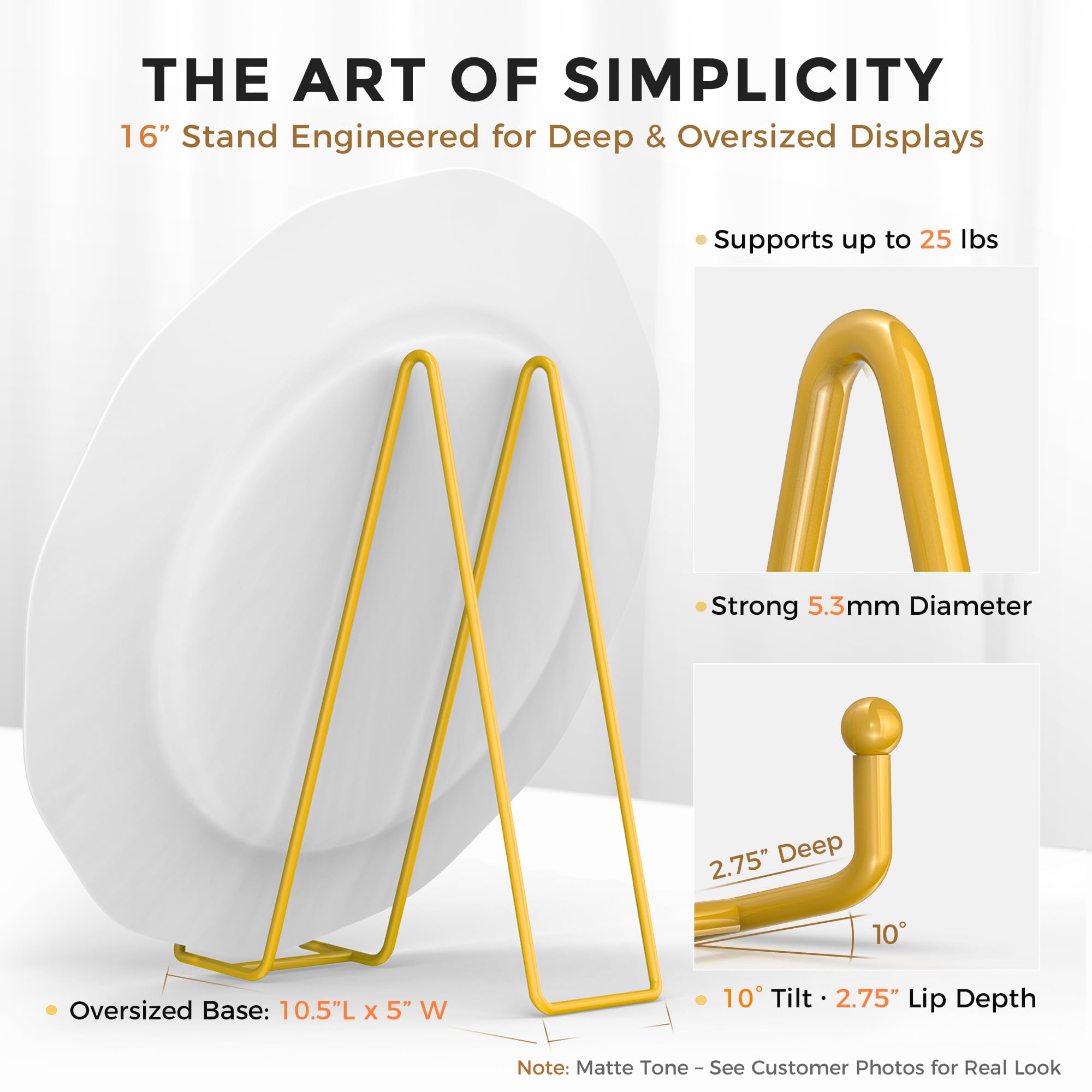TR-LIFE 16 Inch Gold Metal Plate Stand (2 Pack) - Heavy Duty Display Stand for Extra-Large Plates, Frames, Platters and Art