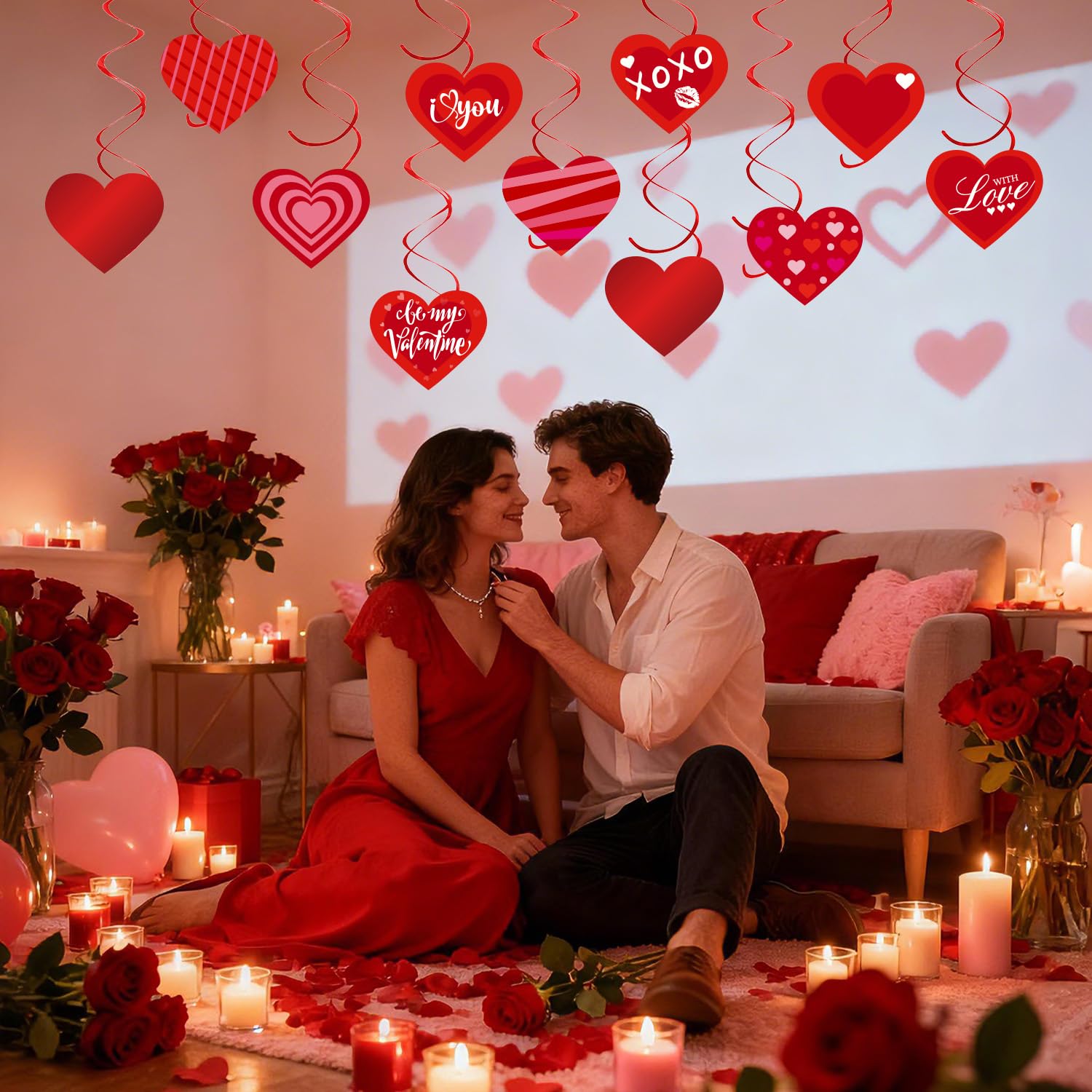 Valentine's Day Decorations-40 Pcs Hanging Swirls, Red Conversation Hearts Cards and Foil Double Swirls - Ceiling Hanging Decor for Valentine Party, Classroom, Home