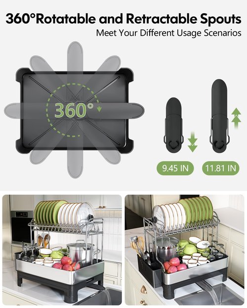 Extra Large Two Tier Stainless Steel Dish Drainer Drying Rack with Drainboard for Kitchen Counter, Modern Black and Silver, Rust Proof Metal, Space Saving Double Countertop Big Plates Dryer and Tray