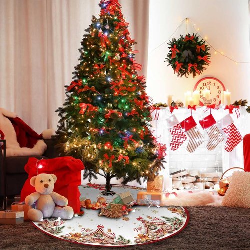 Christmas Tree Skirt 36Inches Christmas Gingerbread Sweet Candy Lollipop Xmas Tree Skirt Mat for New Year Holiday Christmas Party Red Gold Decorations (Red, 36in)