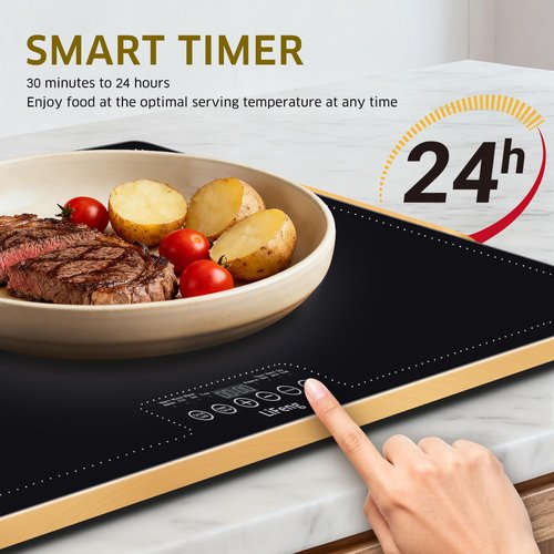 Warming Mat for Food,（Extra Long 32”x18”） Warming Tray with Adjustable Thermostat, 2 Temperature Modes for Parties Buffet, Parties, Holidays, Family Gatherings, Gold Edge (Black, Extra Large 32"x18")