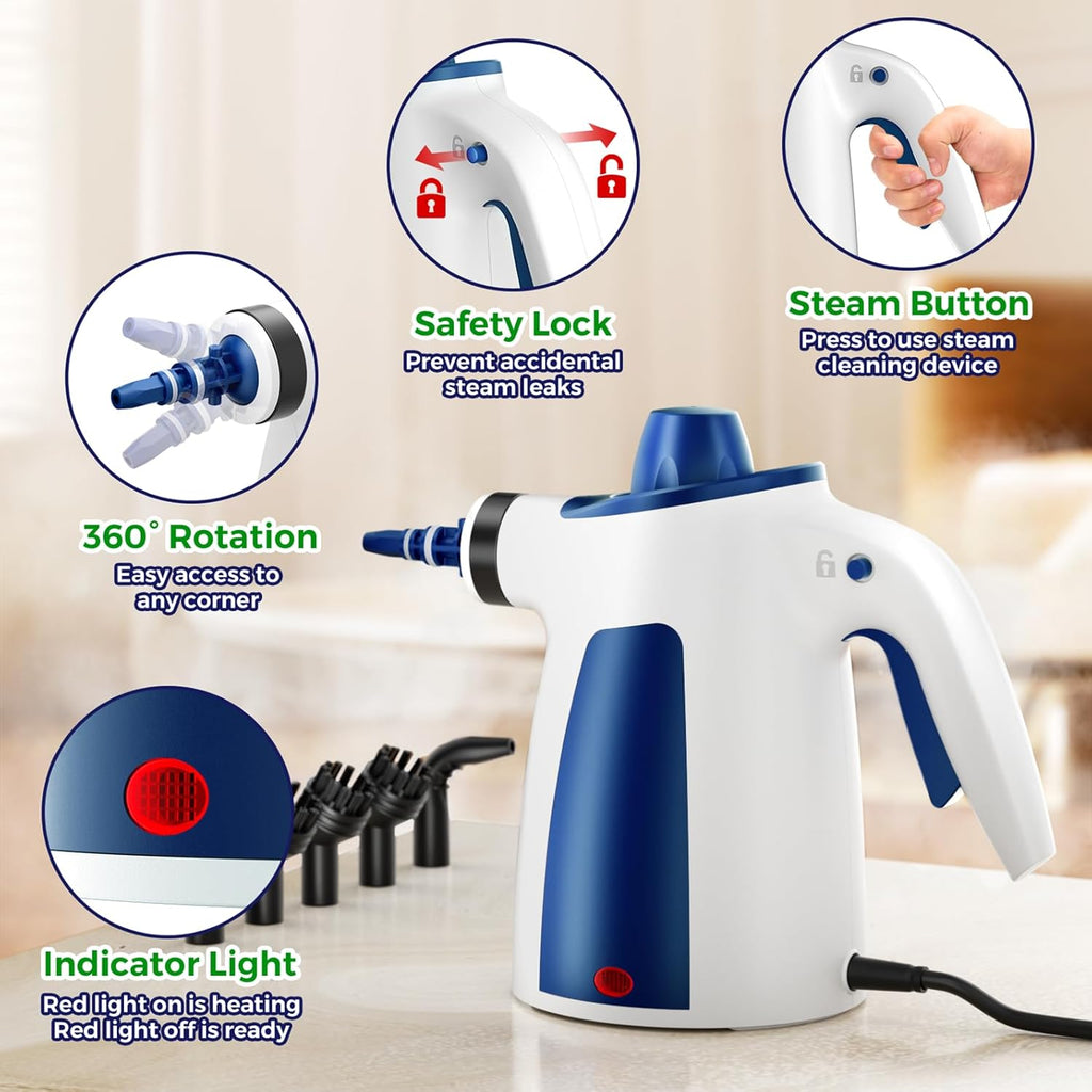 Skiennix Steam Cleaner - Pressurized Handheld Multi-Surface Cleaner with 12 Accessories | 350ML Capacity for Home & Car