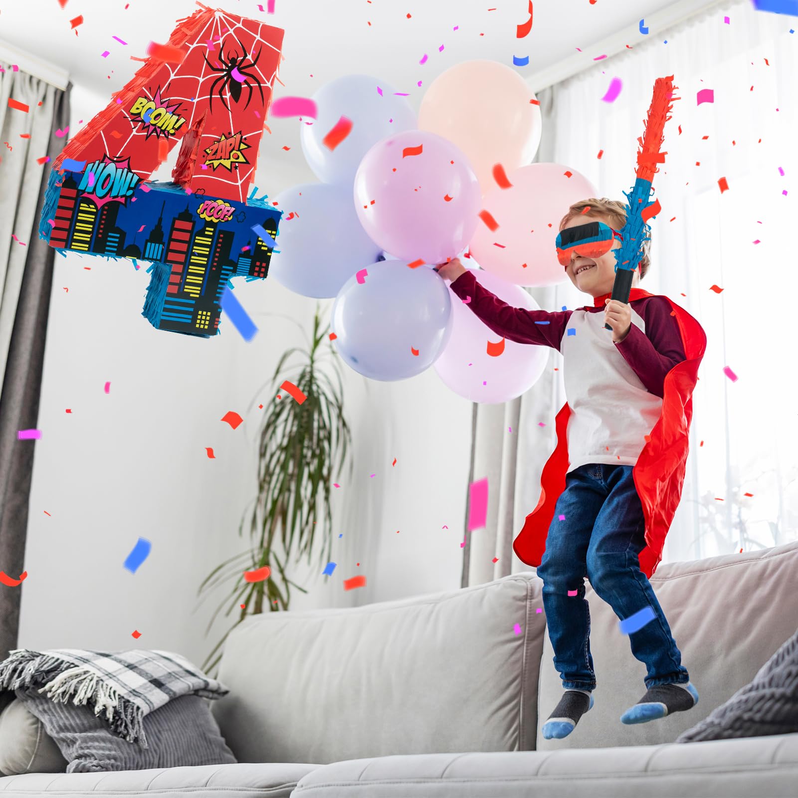 Number 4 Spider Pinata Bundle with 16 Inch Piñata Stick Blindfold Confetti for Hero Birthday Party Decoration Anniversary Celebration Gift Spider Party Favors for Kids, 16 x 11.6 x 2.4 Inch