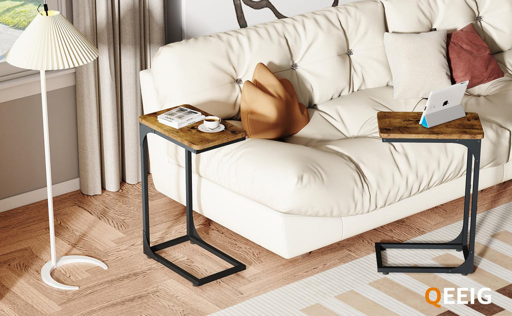 QEEIG Narrow C Shaped Side Table Set of 2 Living Room Sets Slim Couch Tray Tables Skinny Thin Small Farmhouse 9.5 inch Width, Rustic Brown (017-24BN)
