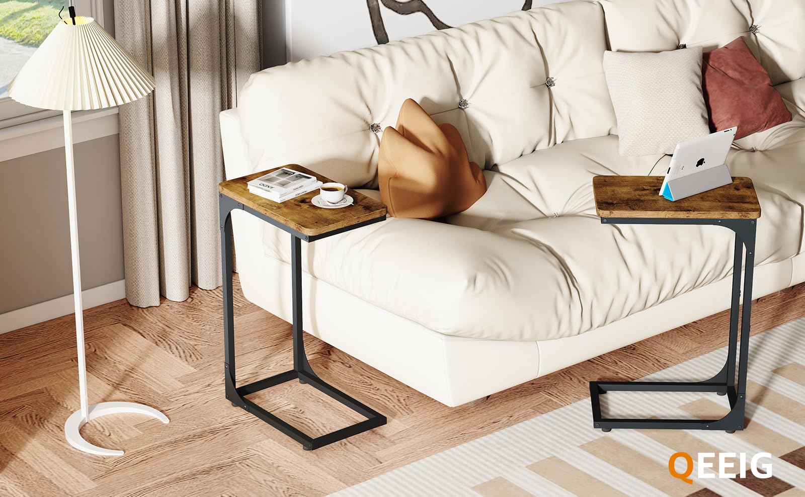 QEEIG Narrow C Shaped Side Table Set of 2 Living Room Sets Slim Couch Tray Tables Skinny Thin Small Farmhouse 9.5 inch Width, Rustic Brown (017-24BN)