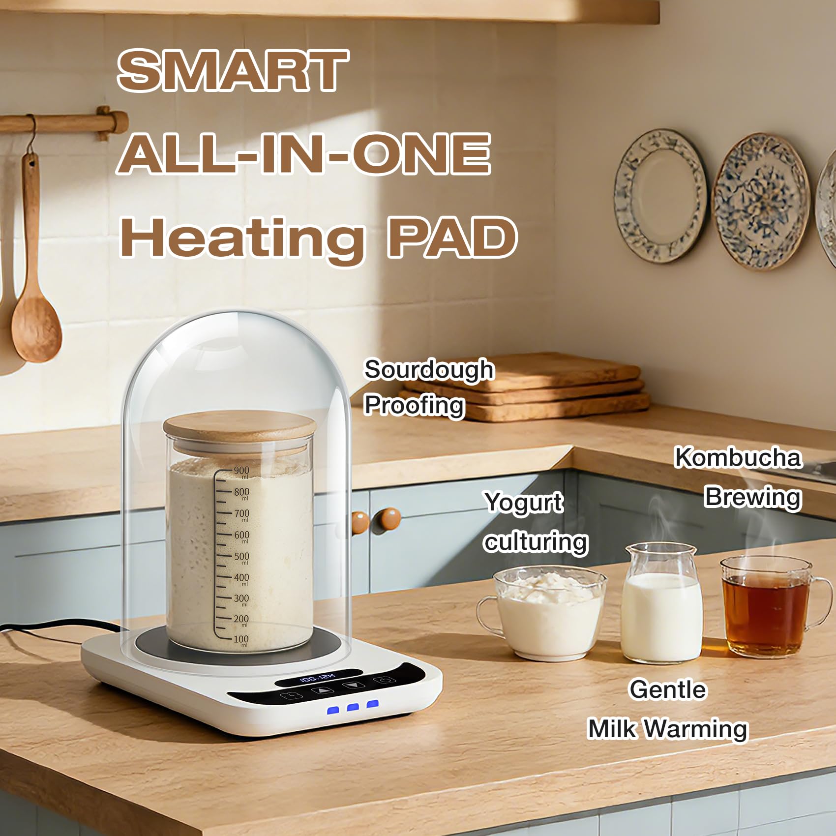 Sourdough Starter Warmer with Dome, Bread Starter Warmer with Precise 1°F Sourdough Temperature Control (70-100°F), Sourdough Warming Mat for Home Baking, 12-Hour Timer Sourdough Starter Warmer Mat