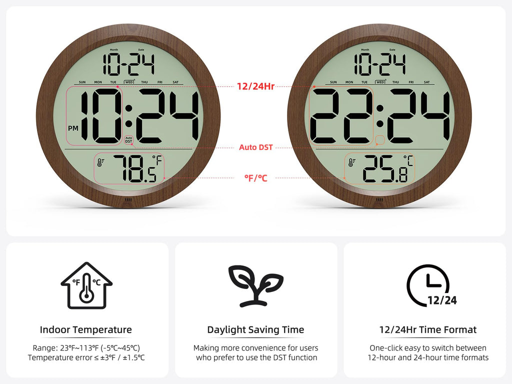 Digital Wall Clock Battery-Operated, 8 Inch Small Decorative Modern Wood Wall Clock with Date, Temperature, Auto-DST, Silent Electric Wall Clock for Bedroom, Living Room, Kitchen, Office, Farmhouse