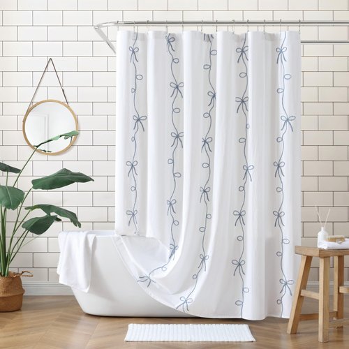 Peri Home 100% Cotton Fabric Shower Curtain for Bathroom, 72 x 72 inches, Blue Sasha Bows