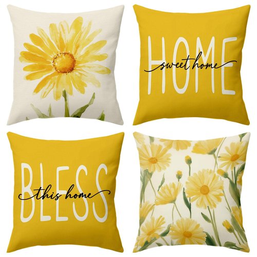BBOLDIN Spring Summer Throw Pillow Covers 18x18, Yellow Floral Flower Pillow Cases Set of 4, Home Sweet Home Cushion Covers Decorations for Sofa Farmhouse Living Room