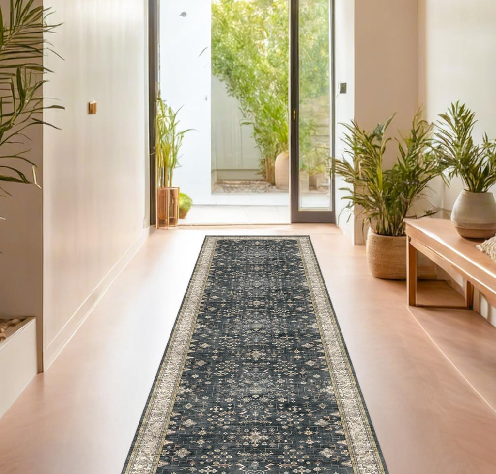 Skiennix Black Washable 8ft Long Runner Rug - Non-Slip Boho Vintage Design for High Traffic Areas