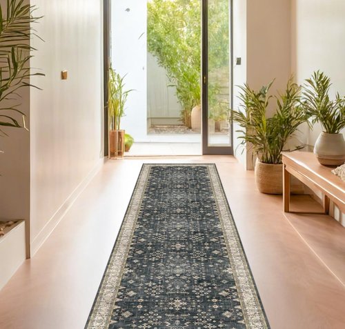 Hazo Haus Black Boho Runner Rug - Washable 3x16 ft, Waterproof, Non-Slip, Stain & Fade Resistant