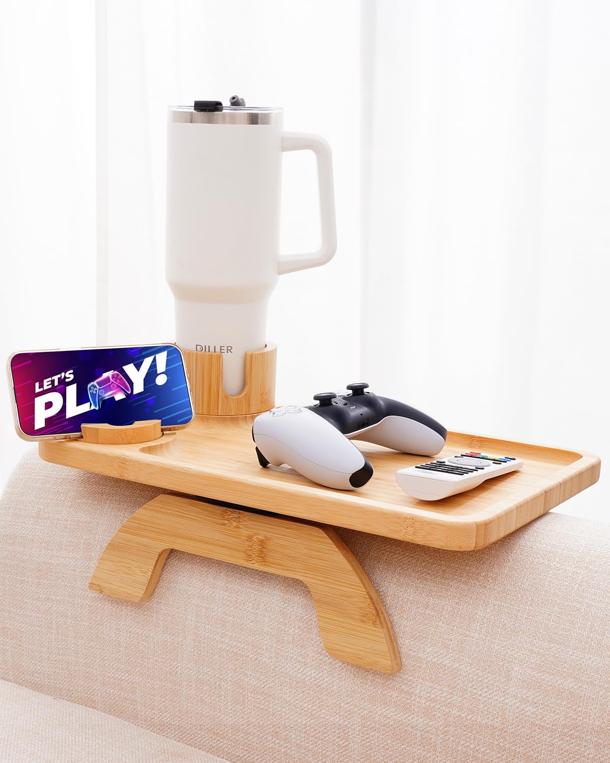 Sofa Arm Tray Linsongmax Large Couch Cup Holder Tray with Rotated Swappable Cup Holder Phone Stand Fit Various Armrest Sofa Side Tables for Living Room,15.36x9.85inch Bamboo Natural