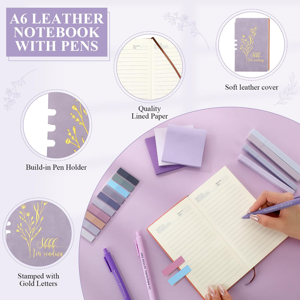 Havawish 14 Pcs Book Lovers Gifts for Women 16 oz Glass Cup Tote Bag A6 Journal Notebook Ballpoint Pens Highlighters Sticky Notes for Library Reader Bookworm Book Club(Purple,Aesthetic)