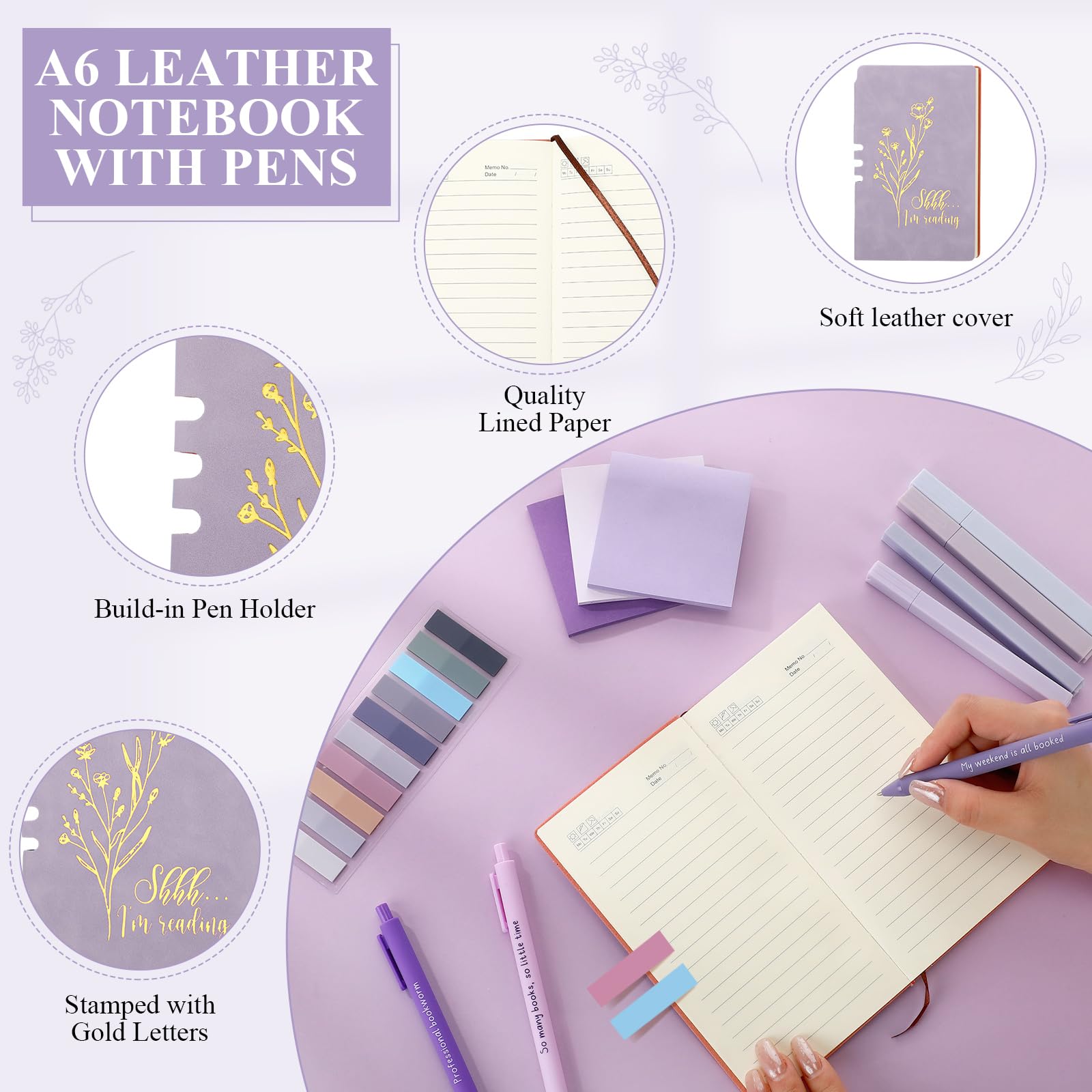 Havawish 14 Pcs Book Lovers Gifts for Women 16 oz Glass Cup Tote Bag A6 Journal Notebook Ballpoint Pens Highlighters Sticky Notes for Library Reader Bookworm Book Club(Purple,Aesthetic)
