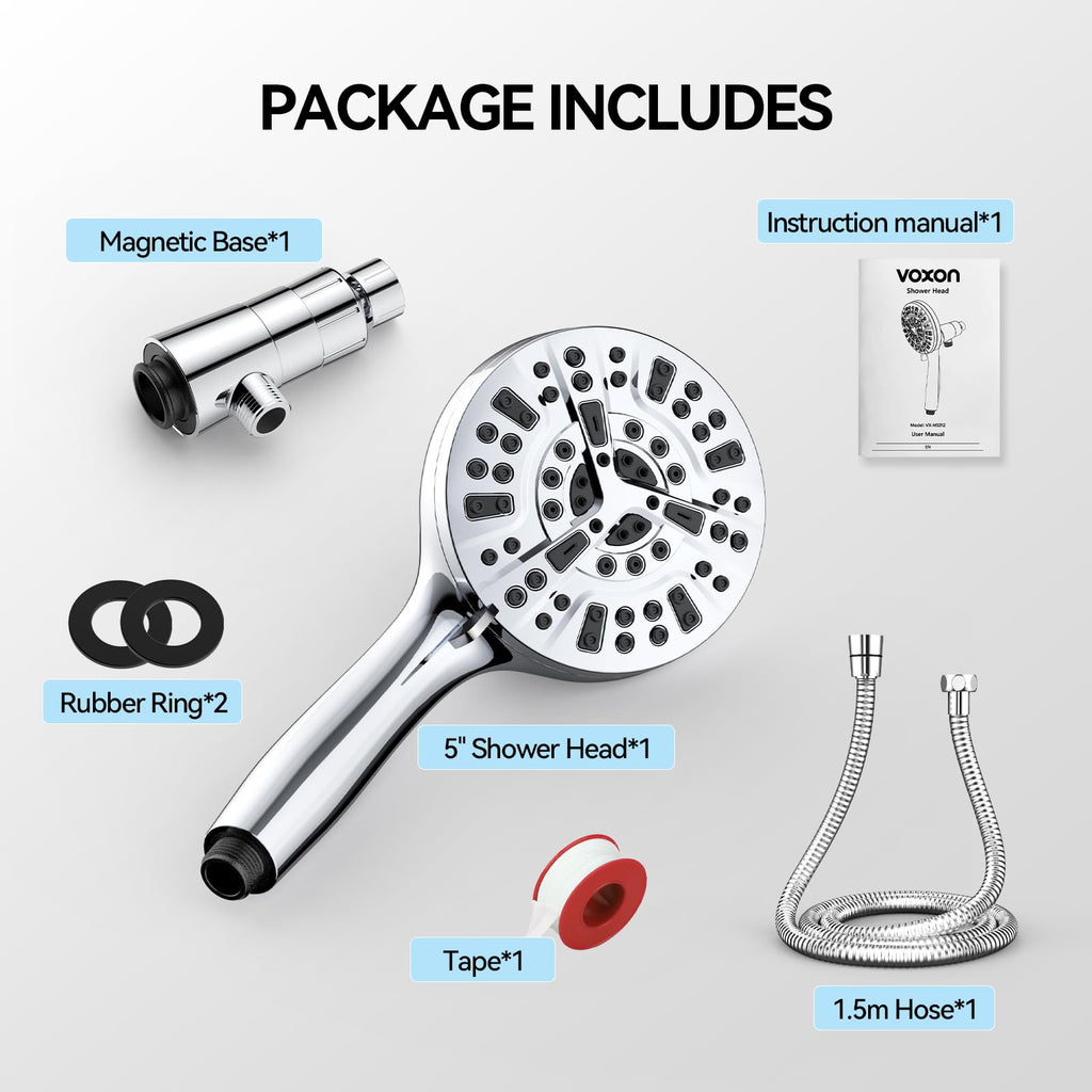 VOXON Magnetic High Pressure Shower Head, 10-Mode Handheld Shower Head, Built-in 2 Power Wash, Adjustable Shower Head with Handheld with Magnetic Docking & 60'' Hose, 2.5 GPM Showerhead with 5'' Face