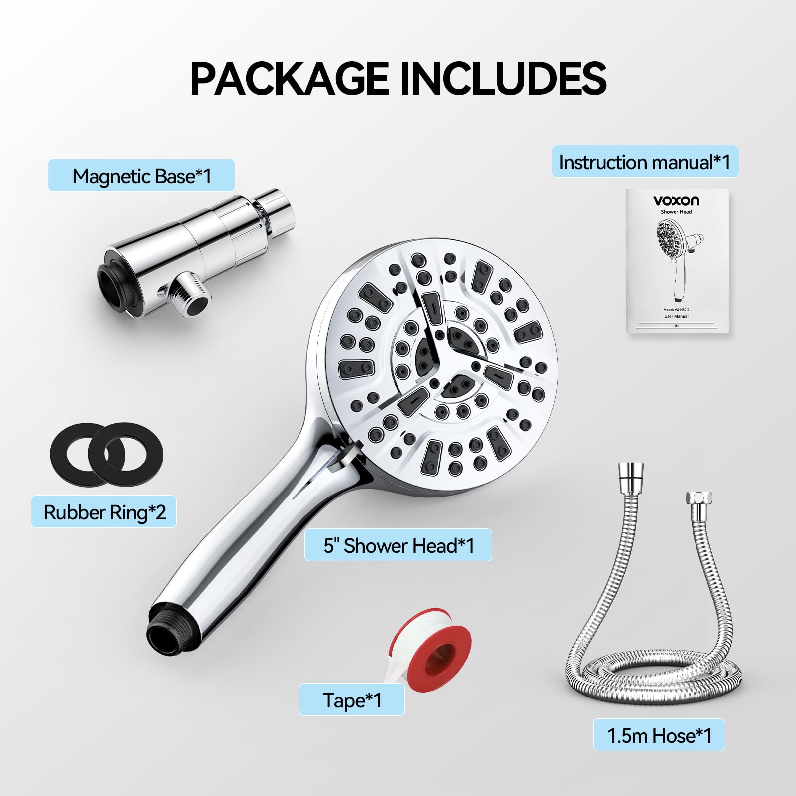 VOXON Magnetic High Pressure Shower Head, 10-Mode Handheld Shower Head, Built-in 2 Power Wash, Adjustable Shower Head with Handheld with Magnetic Docking & 60'' Hose, 2.5 GPM Showerhead with 5'' Face
