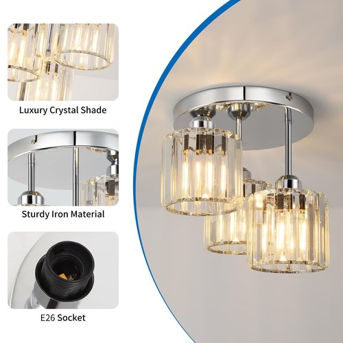 ANWIO Crystal Semi Flush Mount Ceiling Light, 3-Light Dining Room Light Fixture, Silver Kitchen Ceiling Light with Clear Crystal Shade, Fit E26 Base Bulbs