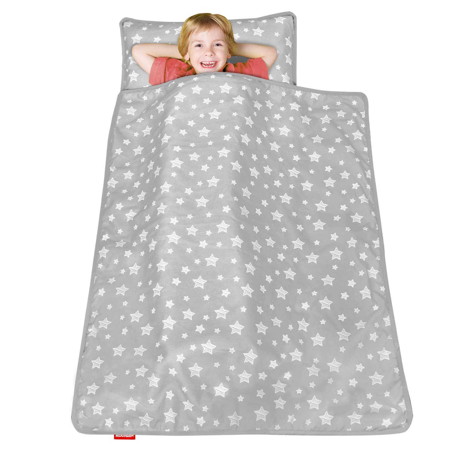Moonsea Toddler Nap Mat with Pillow and Fleece Minky Blanket Grey, Lightweight and Soft Perfect for Toddlers Preschool, Daycare, Travel Sleeping Bag for Girls, 21" x 50" Fit on a Standard Cot