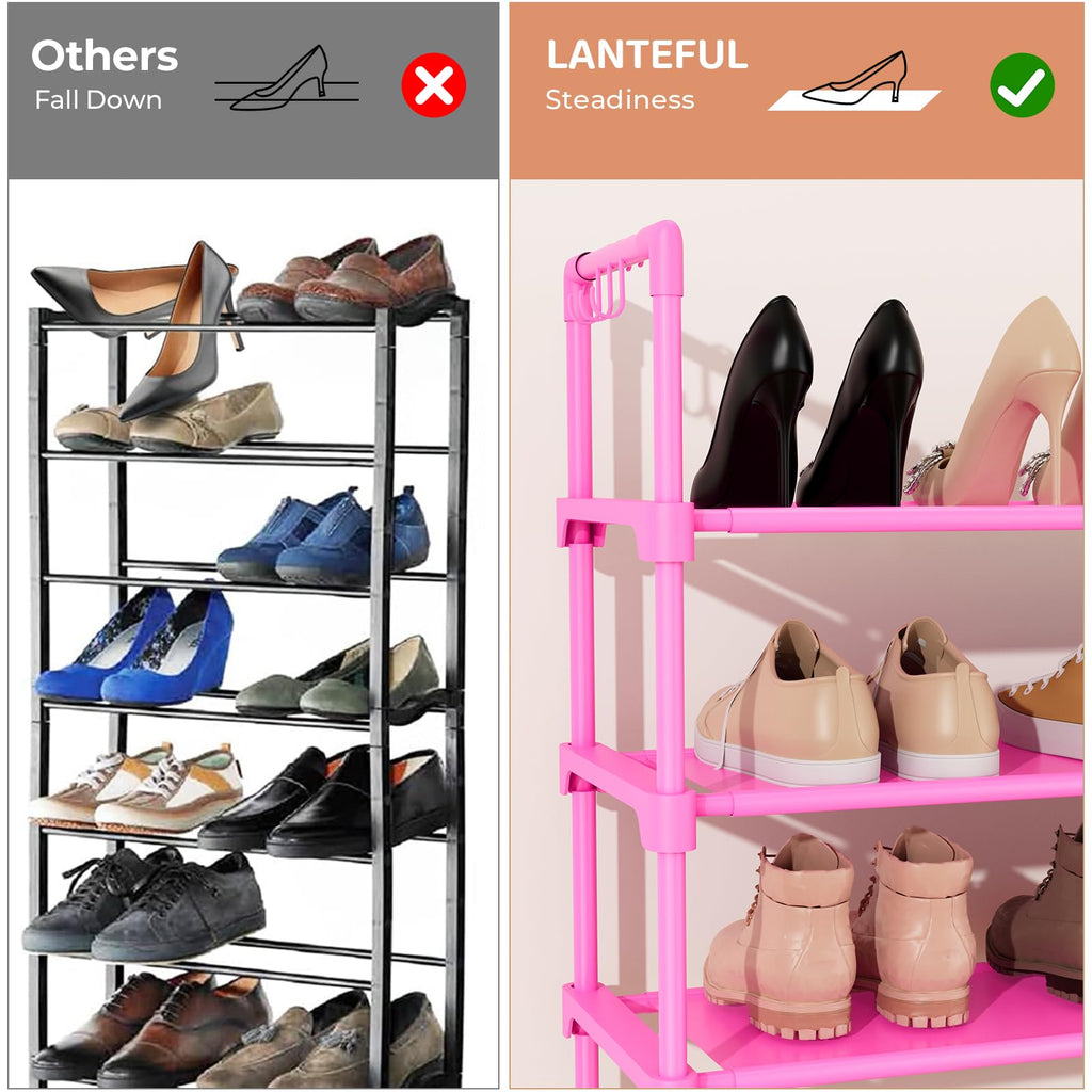 LANTEFUL 3 Tier Shoe Rack for Closet, Shoe Organizer with 5 Hooks, Long Shoe Shelf Storage for Shoe and Boot Stackable Free Standing Shoe Rack for Entryway, Garage, Small Spaces, Dorm, Pink