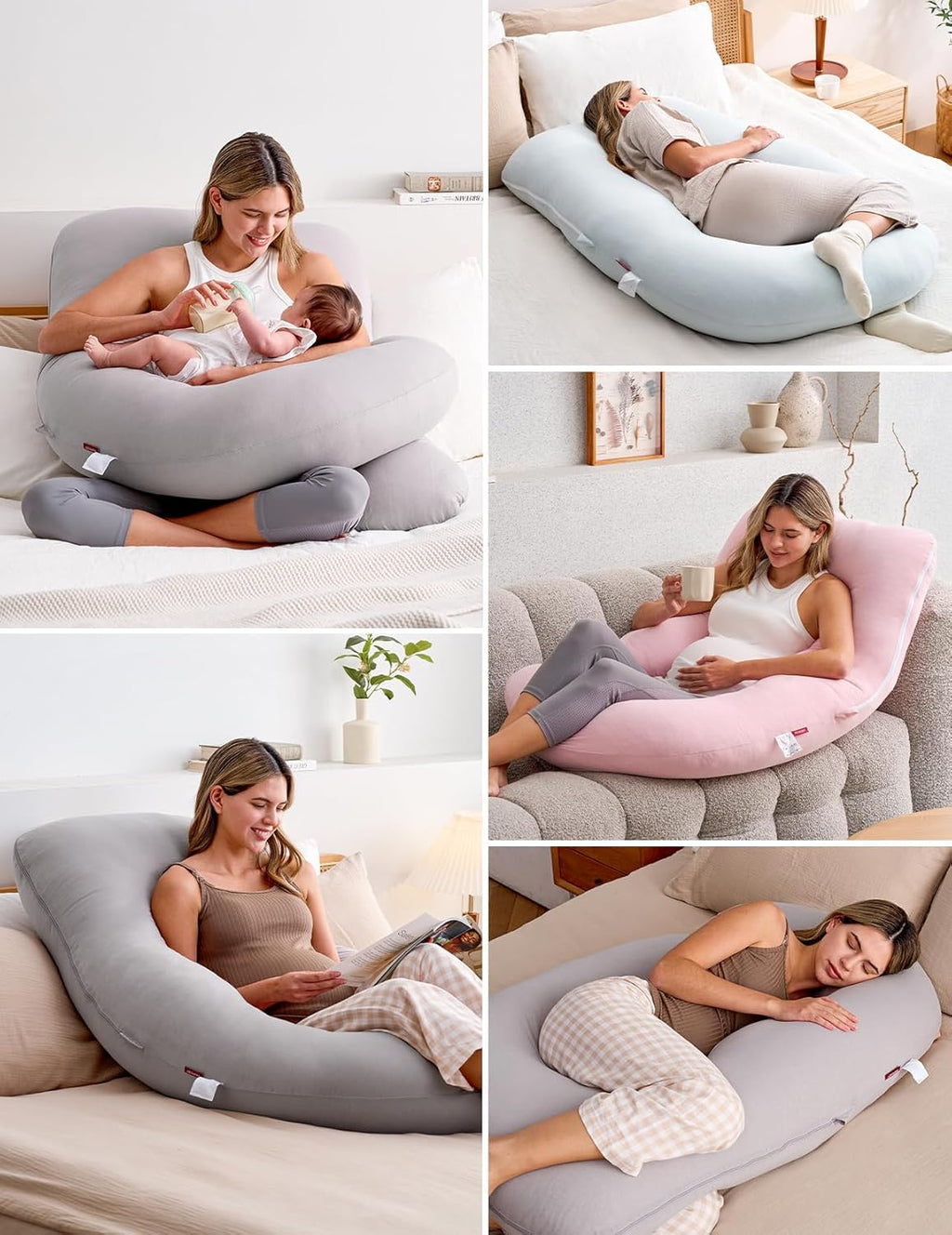 Momcozy U Shaped Pregnancy Pillow - Full Body Support with Removable Jersey Cotton Cover, 57 Inch, Grey