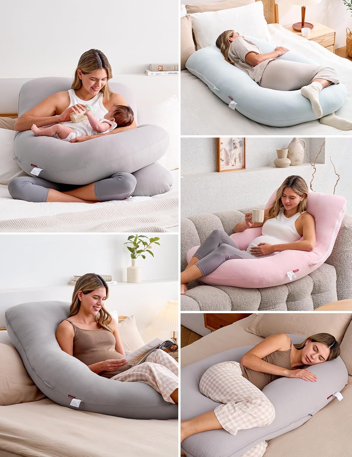 Momcozy U Shaped Pregnancy Pillow - Full Body Support with Removable Jersey Cotton Cover, 57 Inch, Grey