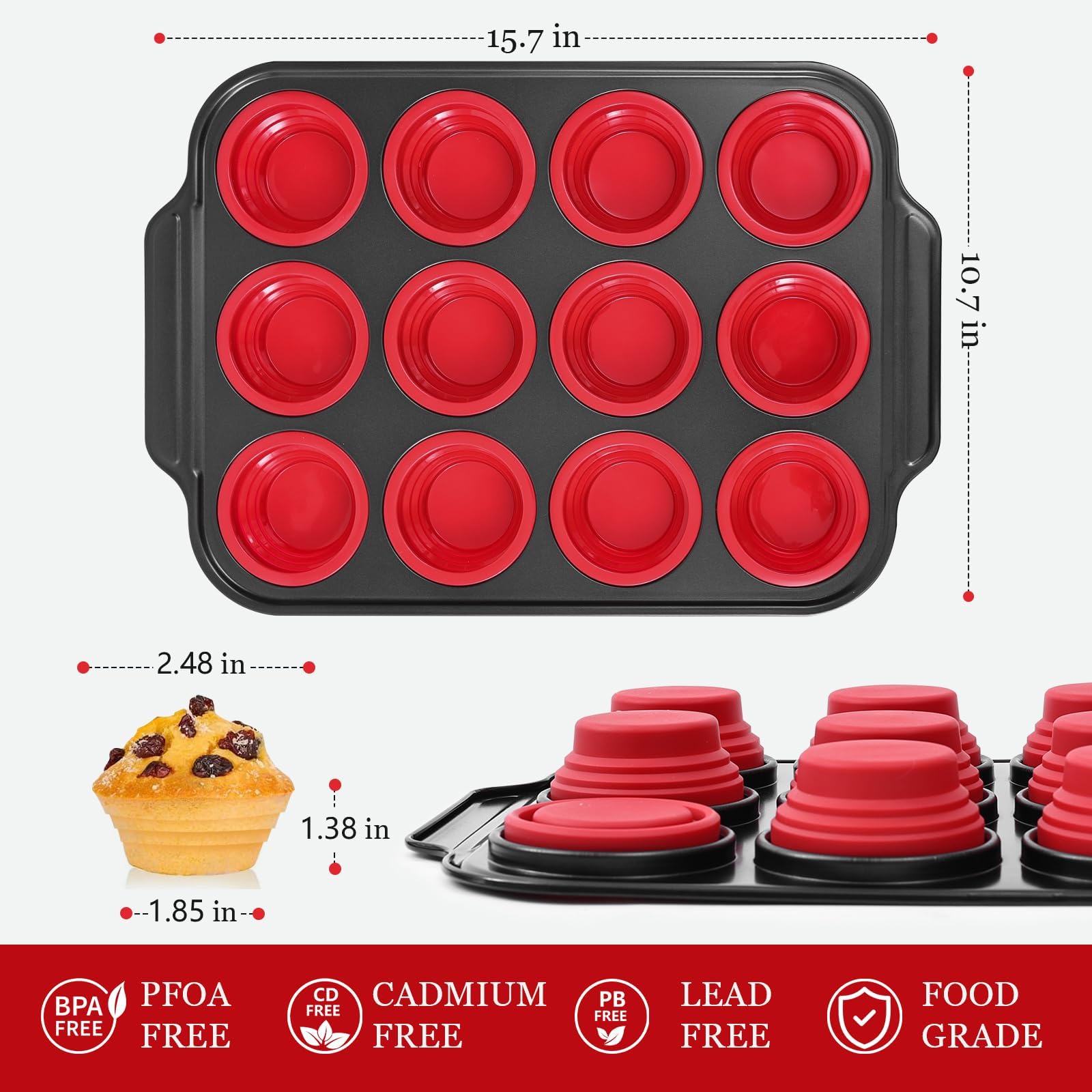 YiYeraio 12 Cups Silicone Muffin Pans for Baking with Metal Frame, Egg Bite Molds, Cupcake Pans Regular Size, Muffin Tins Easy to Pop Nonstick Non Toxic Bakeware for Oven Dishwasher Safe