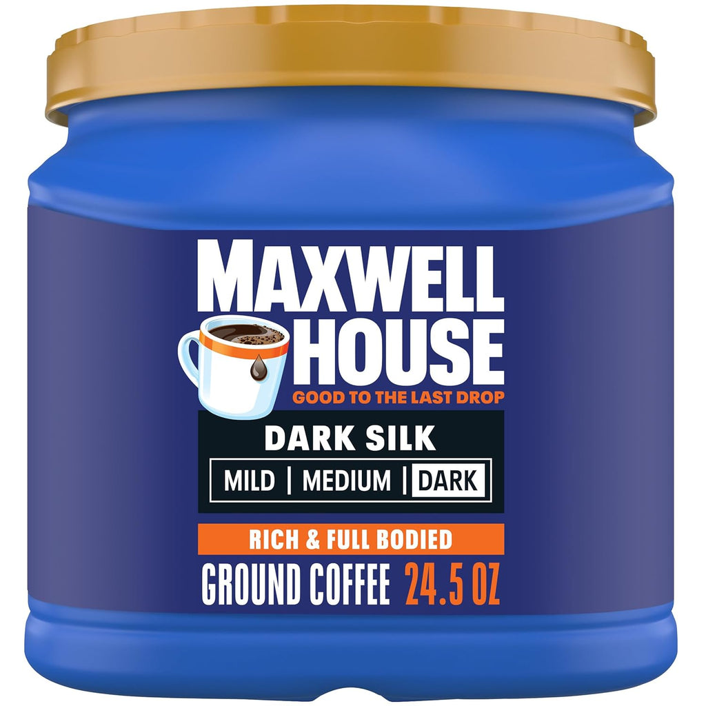 Maxwell House Dark Silk Ground Coffee - Rich Dark Roast, 24.5 oz Canister for Bold Flavor