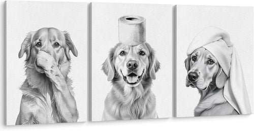 LUKIPOM Funny Golden Retriever Wall Art Set - Canvas Prints for Bathroom Decor | 11x14 Inch Framed