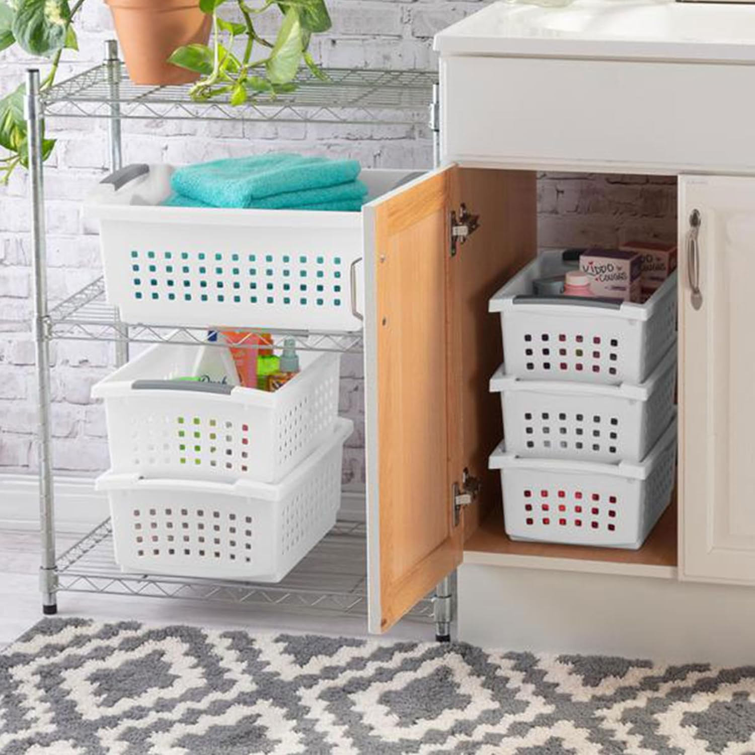 Sterilite Small Plastic Storage Baskets - Stacking Design with Comfort Grip Handles | 8 Pack, White