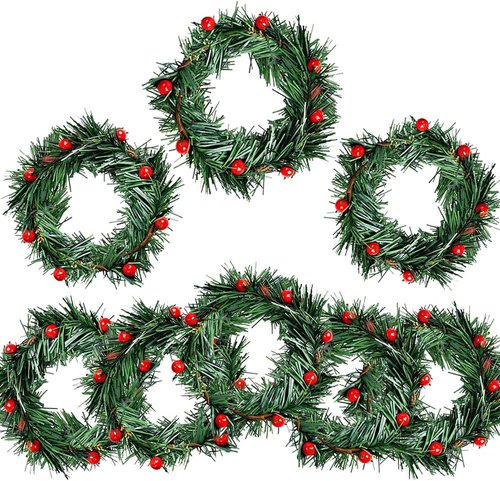 Baryuefull Holly Berry Candle Ring - 8 PCS Small Artificial Red Berries & Pine Needles Wreath for Christmas Decor