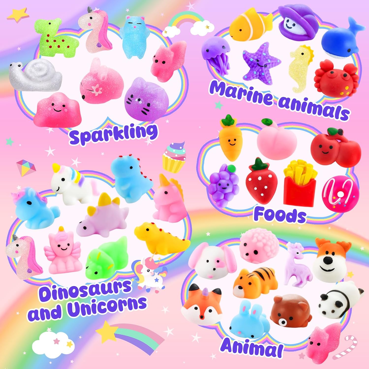 Zefy 80 Pcs Mochi Squishy Toys - Fun Fidget Toys for Kids | Perfect for Parties, Goodie Bags & Prizes