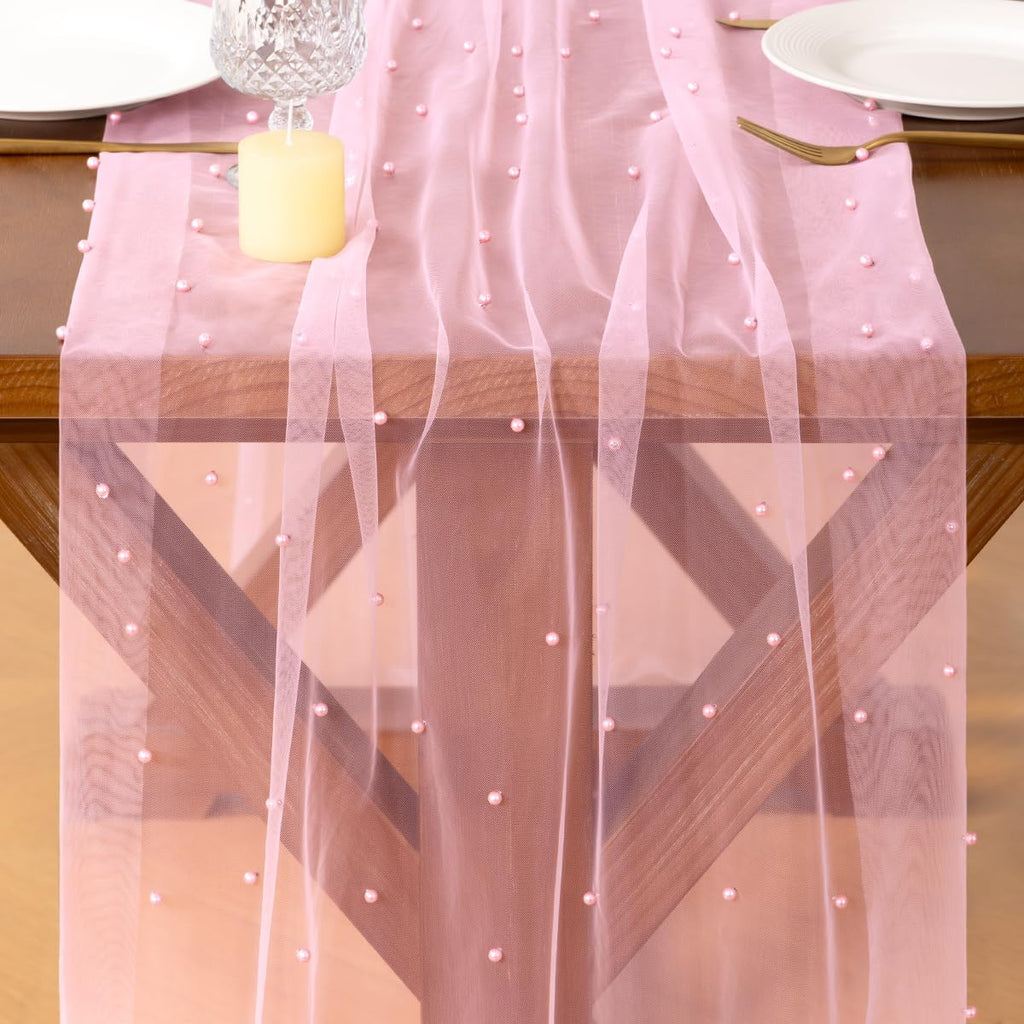 Socomi Pearl Table Runner - Tulle Pink Gauze for Spring & Easter | 10FT Dining & Party Decor