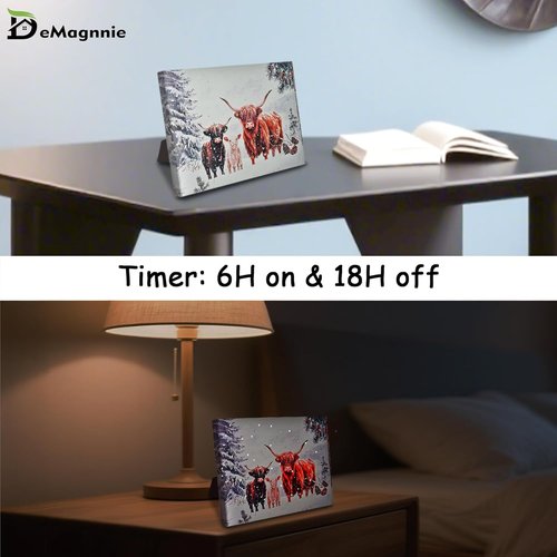 Highland Cattle | LED Lighted Cow Calf Portrait - Fiber-Optic Lights with Timer | 6x8 Horizontal Decor