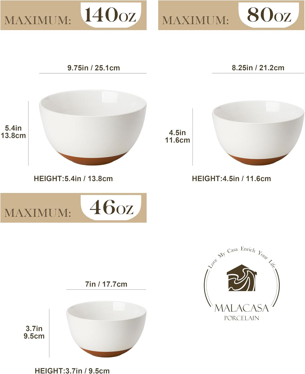 MALACASA Ceramic Mixing Bowls Set of 3 | Large Nesting Bowls for Cooking & Baking | Oven & Dishwasher Safe - 46/80/140 Oz