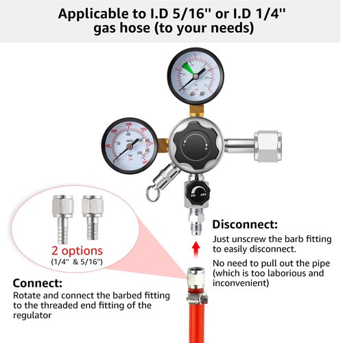 MRbrew Beer Keg Regulator 0-120 PSI CO2 Regulator, Quick Disconnect CO2 Kegerator Regulator, Beer Regulator with Safety Pressure Relief Valve, Gas Regulator with 2 Swivel Nut & 1/4’’ & 5/16’’ Barb