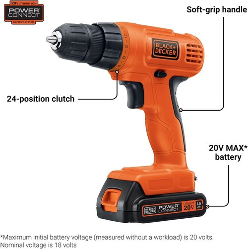 BLACK+DECKER 20V MAX POWERCONNECT Cordless Drill Driver - 30 Piece Bit Set, Battery & Charger Included