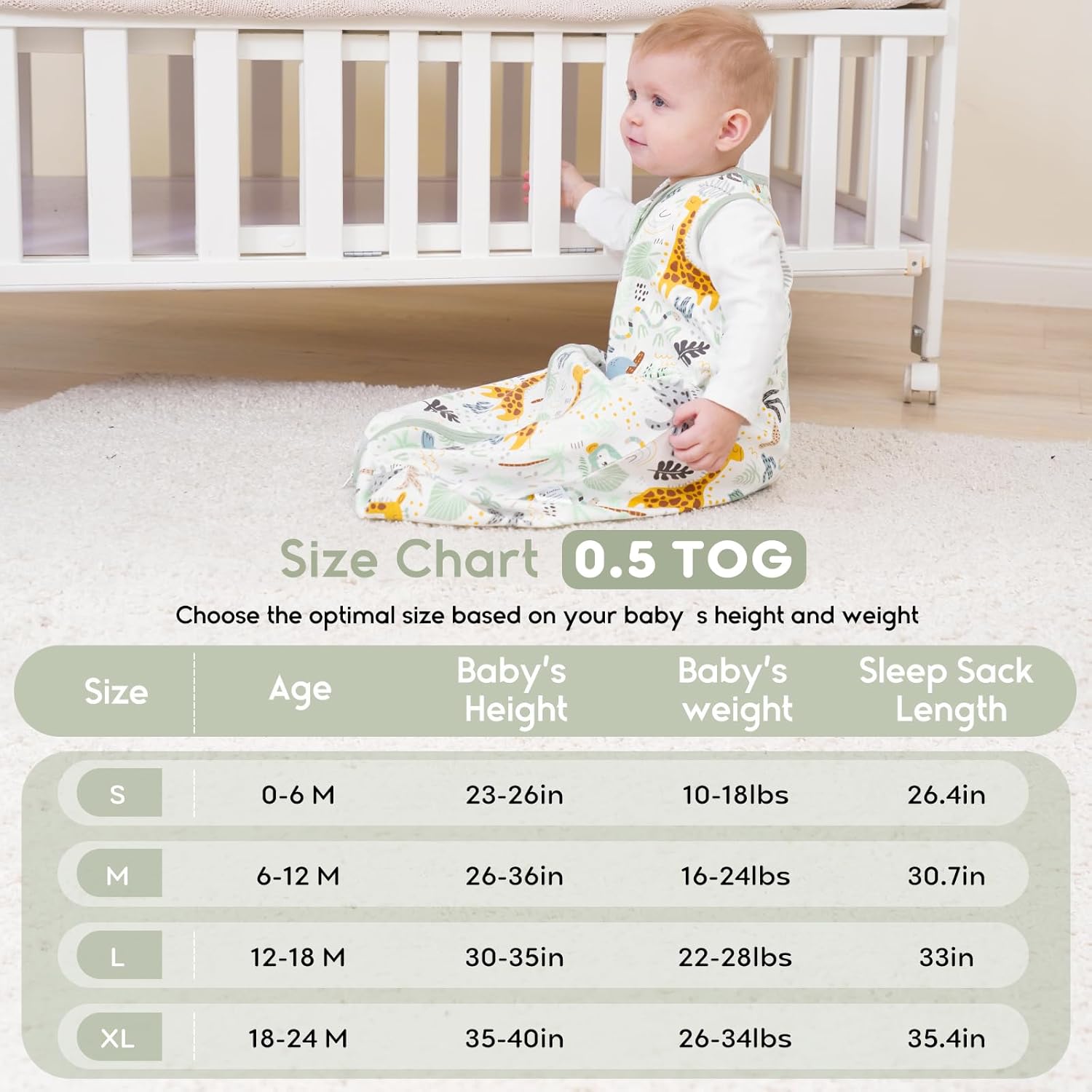 Yoofoss Baby Sleep Sack - 100% Cotton Wearable Blanket for Infants 6-12 Months | Lightweight 2-Way Zipper, Giraffe