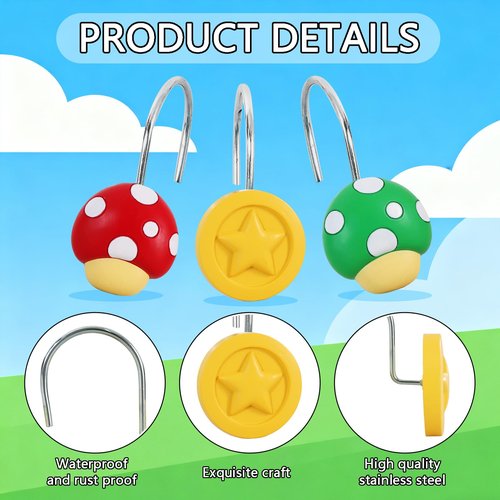 CTOHN 12PCS Mushroom Coin Shower Curtain Hooks Rings, Red Green Yellow Decorative Shower Hangers for Bathroom Decor