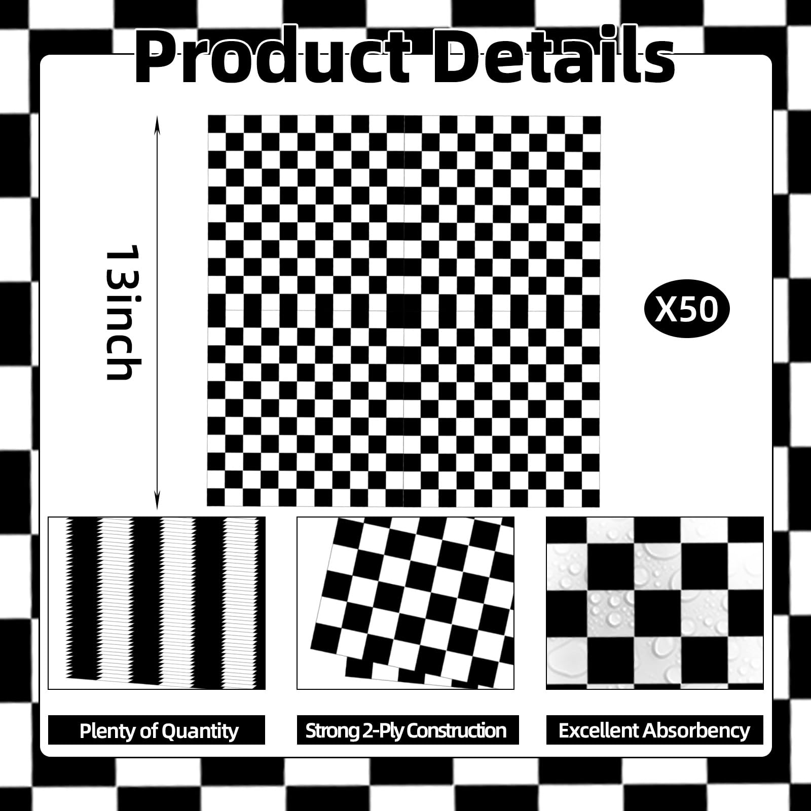 50 Count Black and White Checkered Paper Napkins, Disposable Cocktail Napkins with Racing Theme Checkerboard Design for Race Car Party, Birthday, Baby Shower, and Speed-Themed Table Decorations
