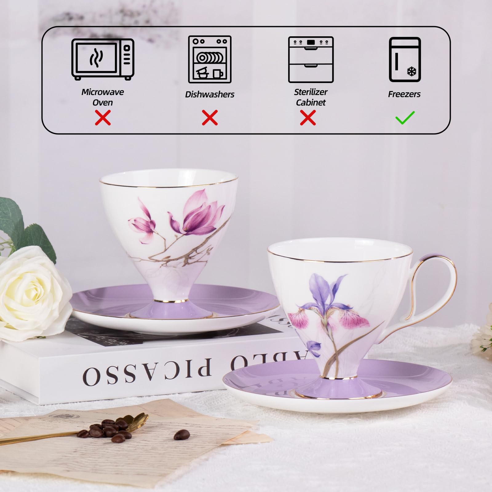 KAMMAK Ceramic Coffee Cups Saucers Set of 2, Porcelain Espresso Cups with Saucers, 8.12 oz Handcrafted Elegant Bone China Tea Cups, Purple Hibiscus & Iris Flower Pattern Teacup for Party, Office, Gift