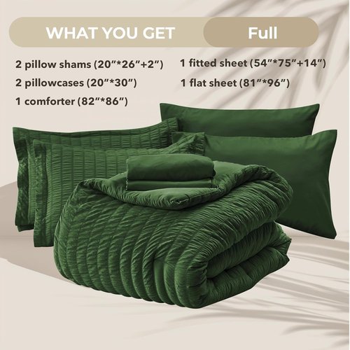HYMOKEGE Comforter Set - Dark Green Seersucker Luxury Bedding | 7-Piece All-Season Bed in a Bag