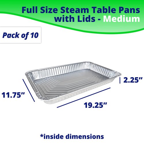 IDL Packaging Full Size Aluminum Steam Table Pans with Lids - Medium, 21" x 13" x 2.25" (pack of 10) - Disposable Foil Pan for Grilling, Roasting, BBQ, Cooking, Baking, Freezing